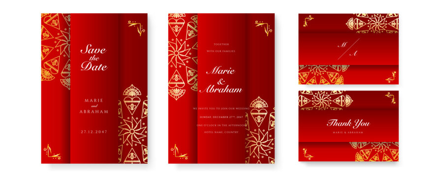 Royal red wedding invitation card design with golden mandala and abstract pattern
