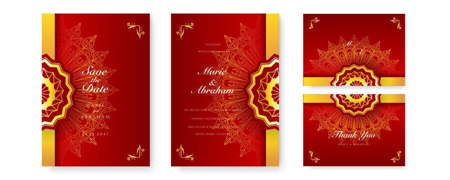Royal red wedding invitation card design with golden mandala and abstract pattern