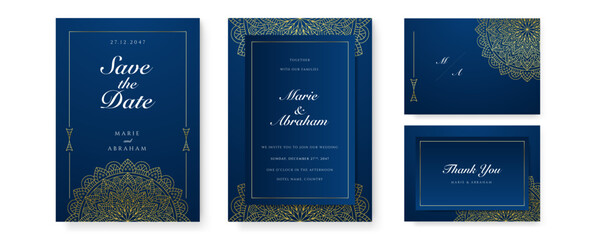 Royal blue wedding invitation card design with golden mandala and abstract pattern