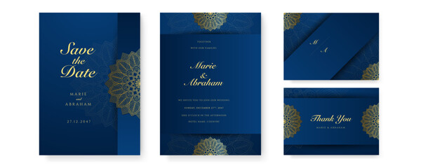 Royal blue wedding invitation card design with golden mandala and abstract pattern