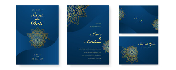 Royal blue wedding invitation card design with golden mandala and abstract pattern