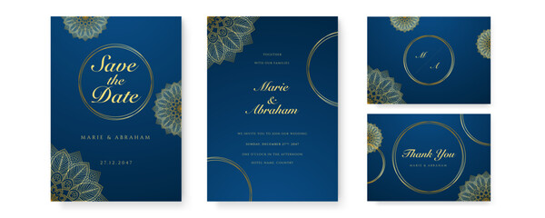 Naklejka premium Royal blue wedding invitation card design with golden mandala and abstract pattern