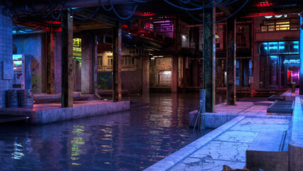 Cyberpunk city dystopian future urban scene by canal. 3D illustration.