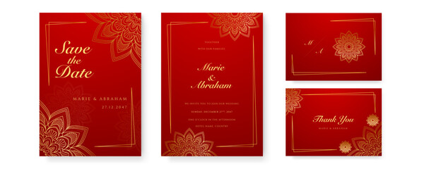 Royal red wedding invitation card design with golden mandala and abstract pattern