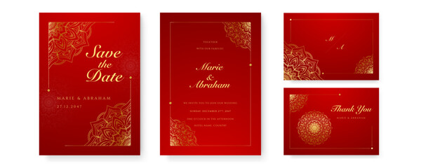 Royal red wedding invitation card design with golden mandala and abstract pattern