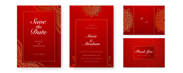 Royal red wedding invitation card design with golden mandala and abstract pattern