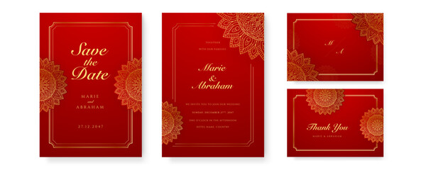 Royal red wedding invitation card design with golden mandala and abstract pattern