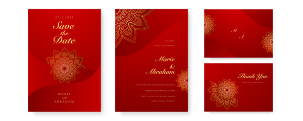 Royal red wedding invitation card design with golden mandala and abstract pattern