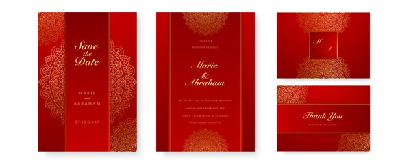 Royal red wedding invitation card design with golden mandala and abstract pattern