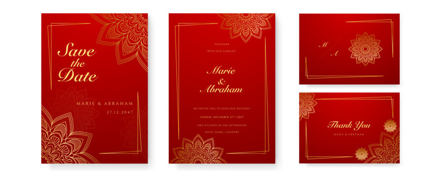 Royal red wedding invitation card design with golden mandala and abstract pattern