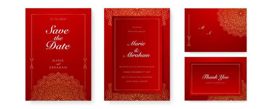 Royal red wedding invitation card design with golden mandala and abstract pattern - Powered by Adobe