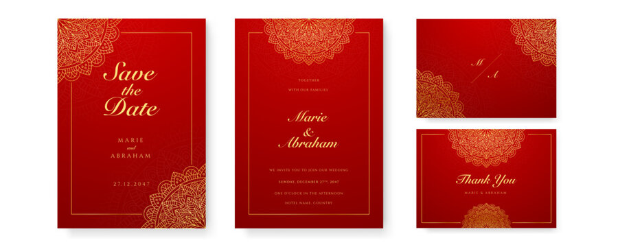 Royal red wedding invitation card design with golden mandala and abstract pattern