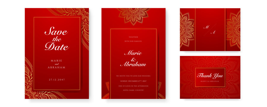 Royal red wedding invitation card design with golden mandala and abstract pattern