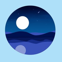 Vector illustration of a night landscape in the mountains, with a lake reflecting the moon.