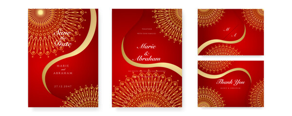 Royal red wedding invitation card design with golden mandala and abstract pattern