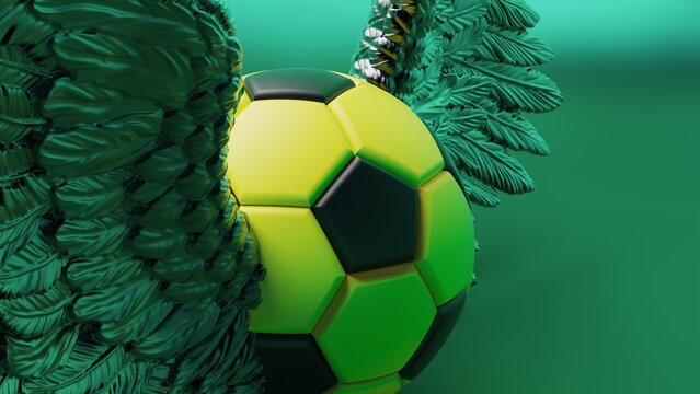 Black-yellow soccer ball with the metallic silver wings under green-white background. 3D CG. 3D illustration. 3D high quality rendering.