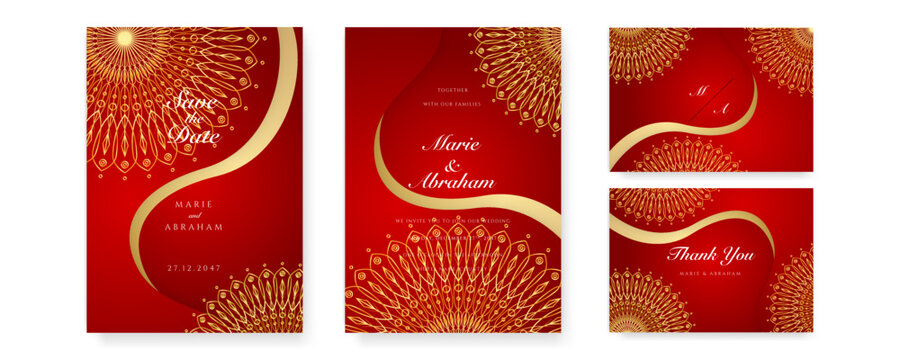 Royal red wedding invitation card design with golden mandala and abstract pattern