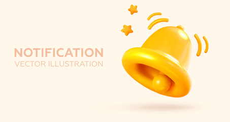 Bell notifications. Message, notification, alert, call. Isolated yellow bell in realistic 3d style. Vector illustration. - 536192529
