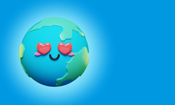 3d rendering picture of cute and adorable cartoon Earth with smiling face and love eyes on copy space background.