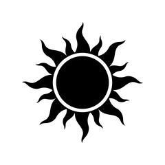 Sun black icon. Simple vector stylized glyph isolated on white background. Best for seamless patterns, polygraphy, logo creating, mobile apps and web design.