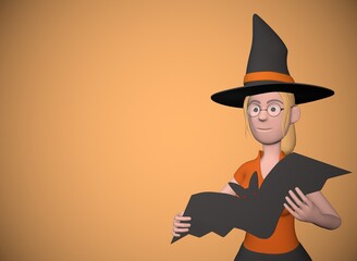 a girl in a witch hat holds a decorative bat for halloween 3d-rendering