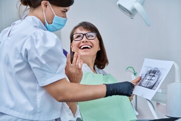 Female dentist talking to woman patient, discussing x-rays of teeth and jaws