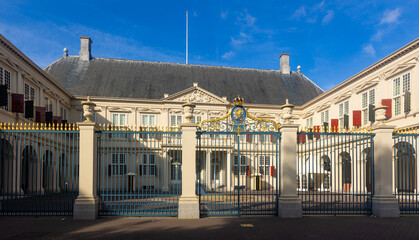 Noordeinde Palace of Hague from outside during daytime. Palace of the Dutch royal family.