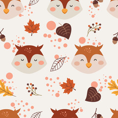 Kids seamless pattern with cute brown owls and leave in cartoon style. Creative vector childish background for fabric, textile or wrapping paper.
