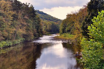 Fototapeta na wymiar The Williams River slicing through the picturesque New England countryside while providing reflections of its surroundings in early autumn. 