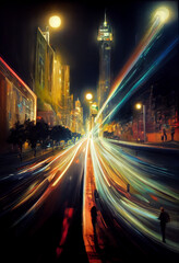 Fototapeta na wymiar Night city colorful abstract illustration of carlights in timelapse