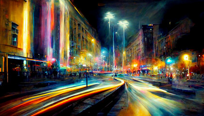 Obraz premium Night city colorful abstract illustration of carlights in timelapse