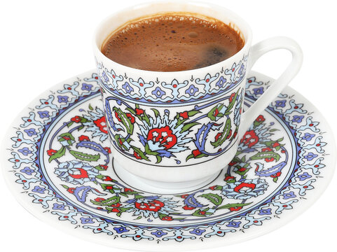 Turkish coffee in traditional porcelain cup on isolated white background transparent png image