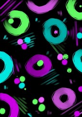 Abstract digital art design with multicolored lines and circles on a black background