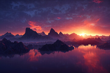 Erstaunliche Landschaftsansicht des Berges mit goldener Stunde am Morgen des Sonnenaufgangs. 2D-Darstellung. © Sakrapee Nopparat
