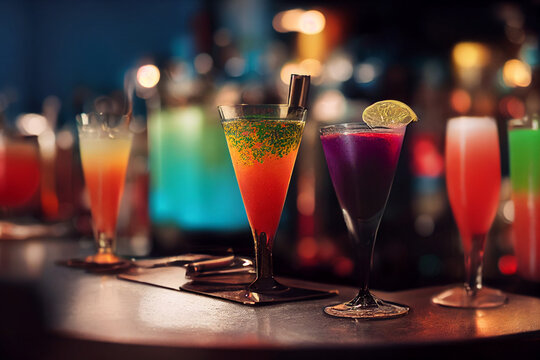 Alcohol tropical coctails in the bar. Digital illustration. Colorful drinks.