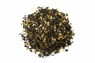 Pile of aromatic herbal tea isolated on white, top view