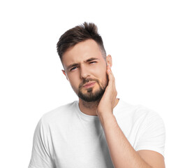 Fototapeta premium Young man suffering from ear pain on white background