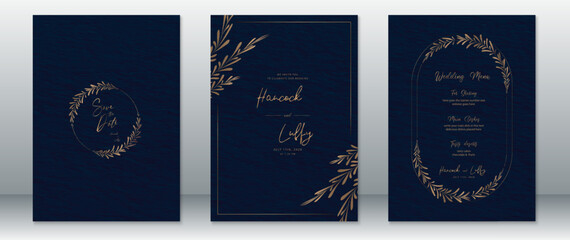 Wedding invitation card template luxury design with gold leaf wreath frame and dark navy background