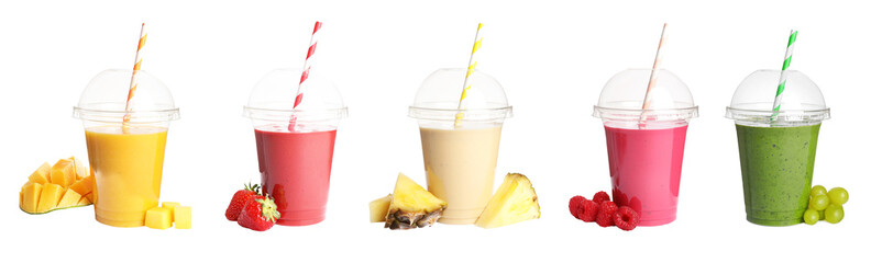 Set with different tasty smoothies on white background. Banner design