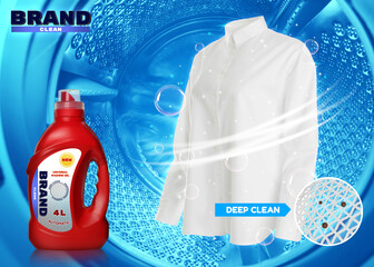 Liquid laundry detergent advertisement design. Clean white shirt and bottle of washing product