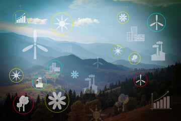 Digital icons of sustainable development goals and view of beautiful mountains