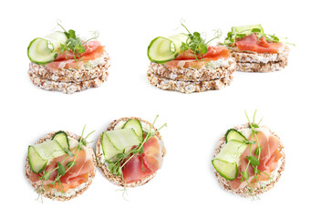 Set of tasty crunchy puffed cakes with cream cheese, prosciutto and cucumber slices on white background