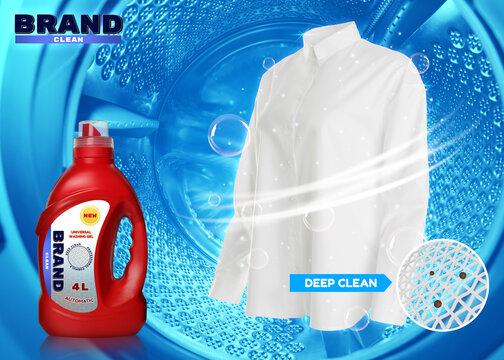 Liquid Laundry Detergent Advertisement Design. Clean White Shirt And Bottle Of Washing Product