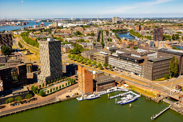 Drone photo of Delfshaven, borough of Rotterdam, Netherlands. View of river Nieuwe Maas.