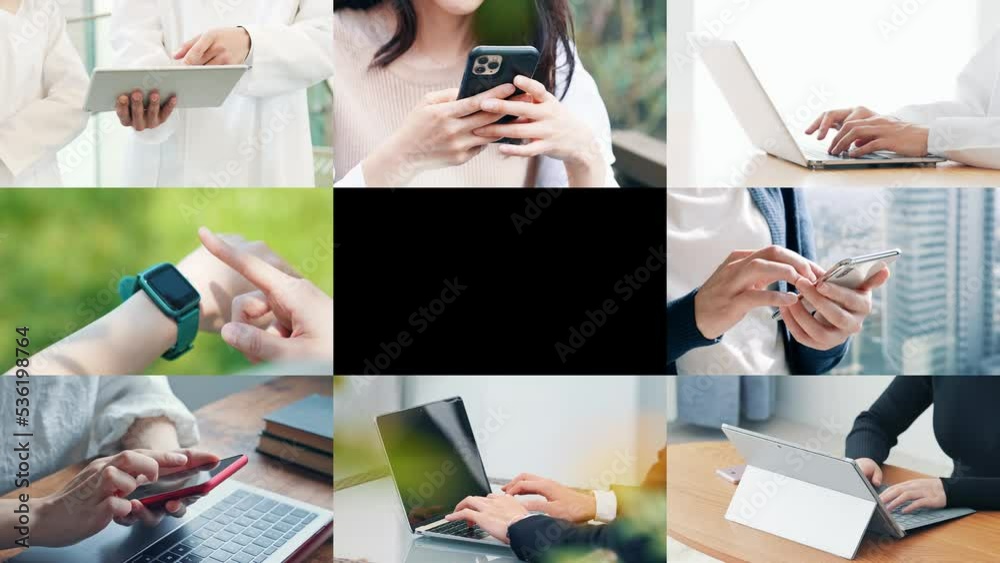 Poster 様々なモバイルデバイスを使う人々　黒バックからのトランジション　タイトル　テンプレート