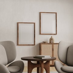 Vertical wood frame mockup in living room interior with light reflection. 3d rendering, 3d illustration