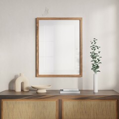 Vertical wood frame mockup in living room interior with light reflection. 3d rendering, 3d illustration