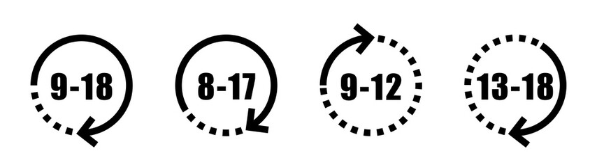 Clock icon set. From start time to end time of office work. Four types clock icons.
