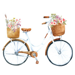 Fototapeta na wymiar Flower baskets on bicycles with watercolor flowers
