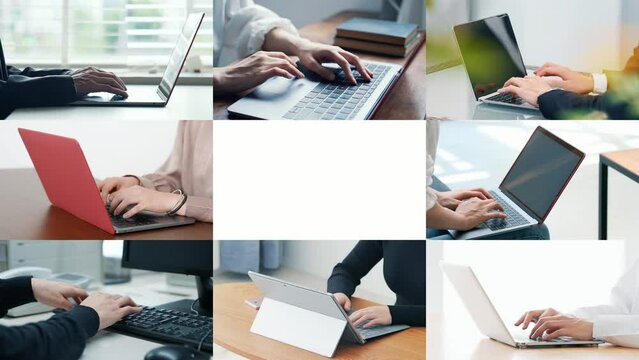 A collage of PC usage scenes. Transition from a white background. Title template.